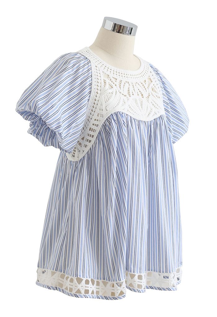 Crochet Inserted Bubble Sleeves Dolly Top in Stripe