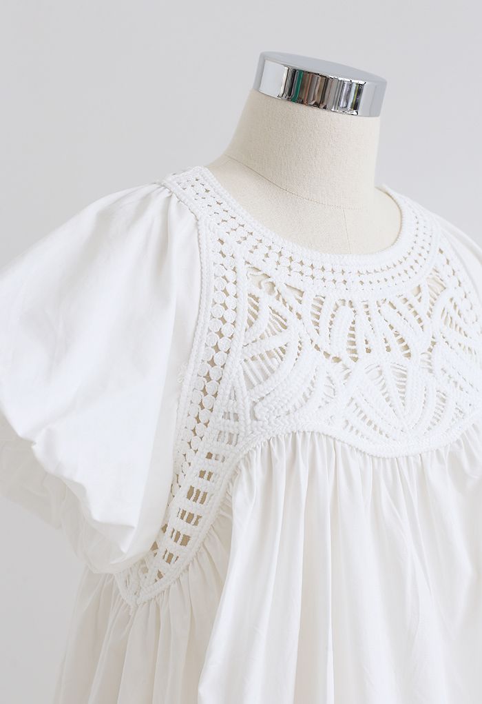 Crochet Inserted Bubble Sleeves Dolly Top in White - Retro, Indie and ...