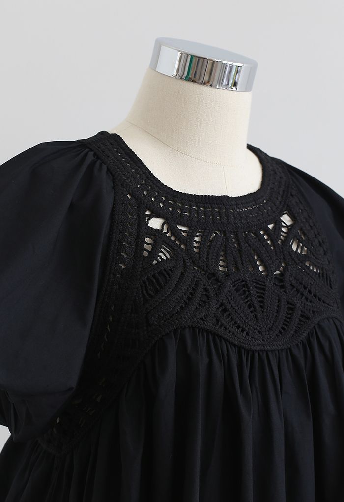 Crochet Inserted Bubble Sleeves Dolly Top in Black