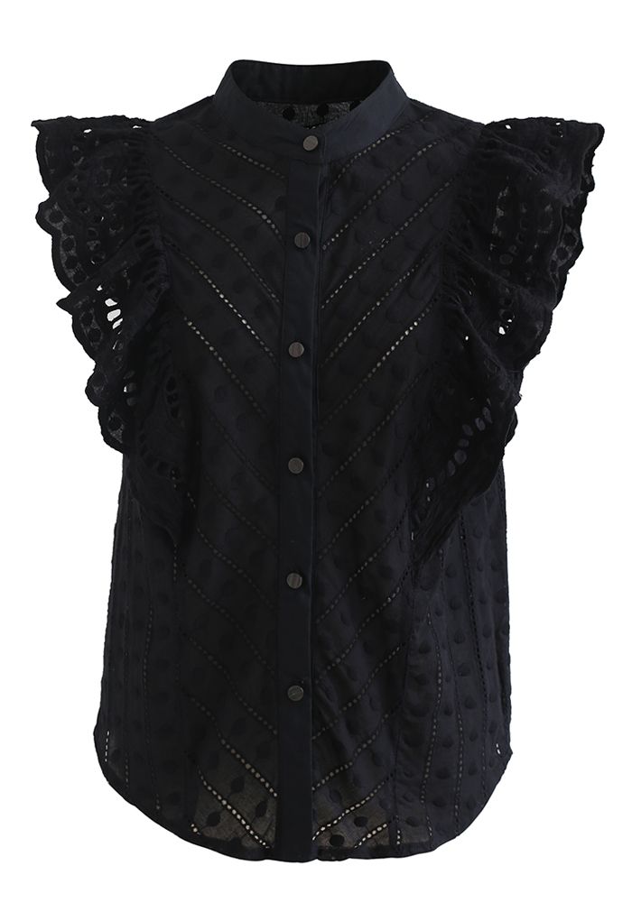 Dots Embroidered Flutter-Sleeve Buttoned Top in Black