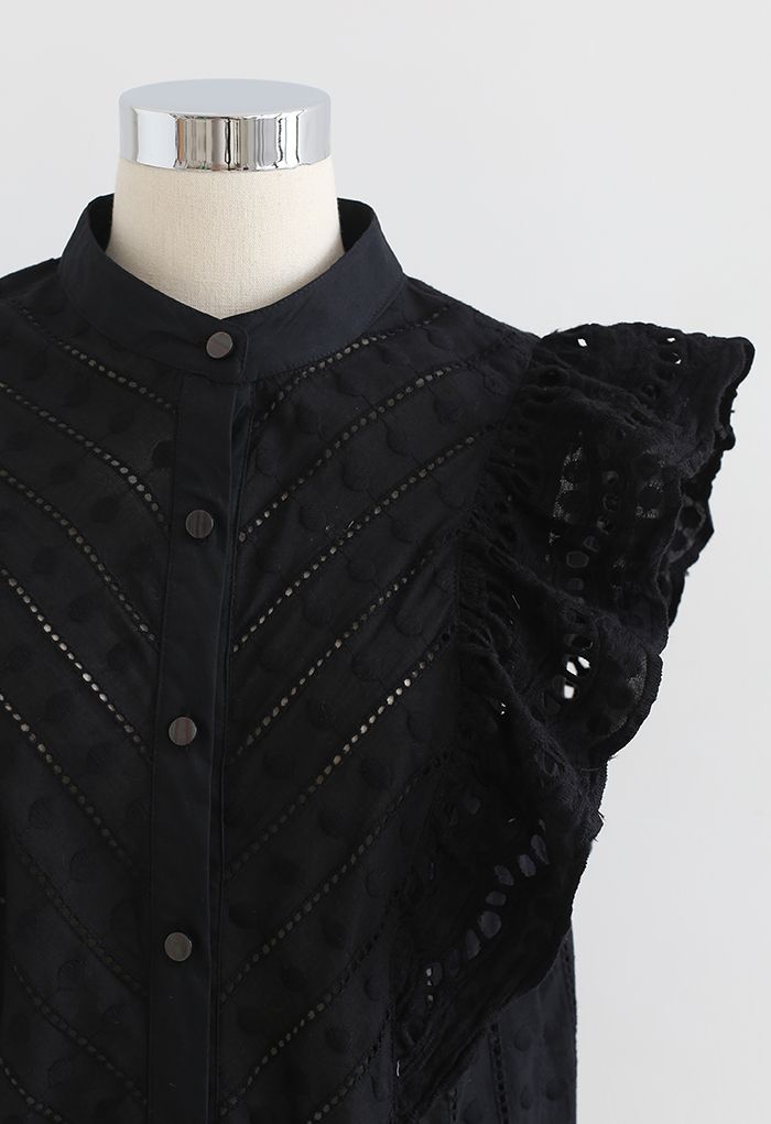 Dots Embroidered Flutter-Sleeve Buttoned Top in Black