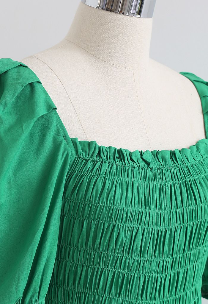 Square Neck Puff Sleeve Shirred Dress in Green