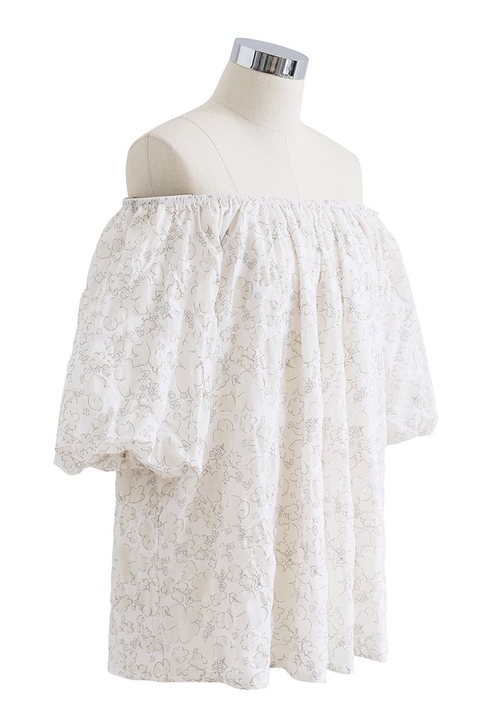 Embossed Floral Puff Sleeve Dolly Top in Ivory