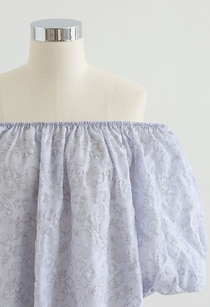 Embossed Floral Puff Sleeve Dolly Top in Light Blue