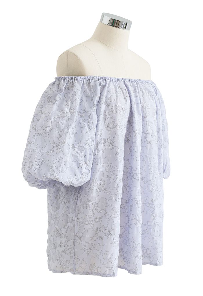 Embossed Floral Puff Sleeve Dolly Top in Light Blue