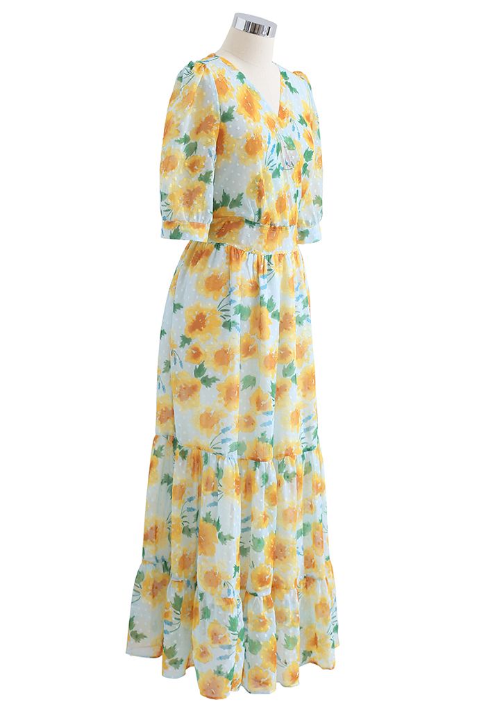 Yellow Flower Flock Dot Frilling Maxi Chiffon Dress