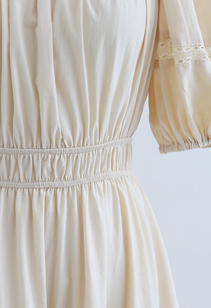 Ruffled Neck Crochet Detail Midi Dress in Cream
