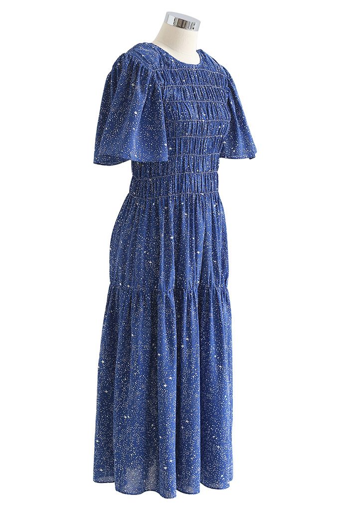 Flare Sleeve Padded Shoulder Printed Midi Dress in Blue