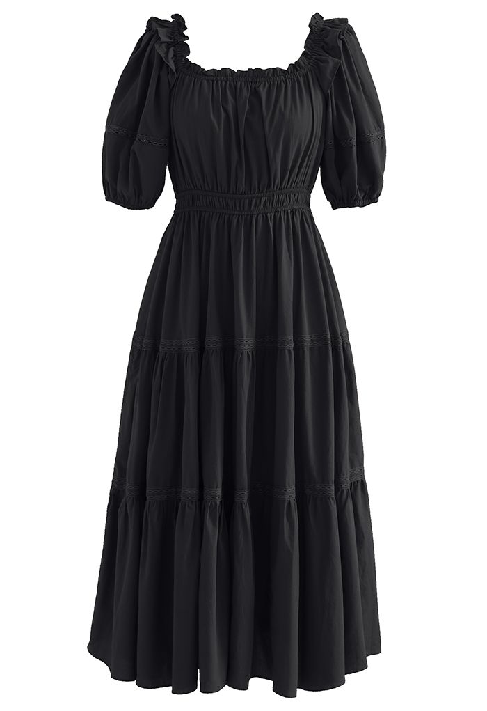Ruffled Neck Crochet Detail Midi Dress in Black