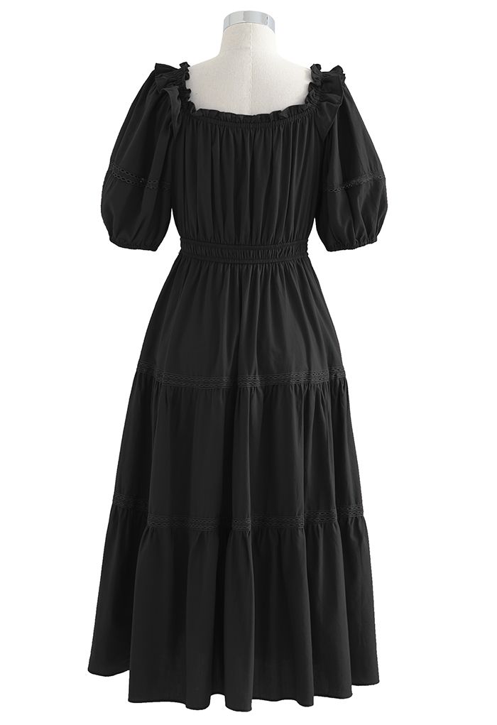 Ruffled Neck Crochet Detail Midi Dress in Black