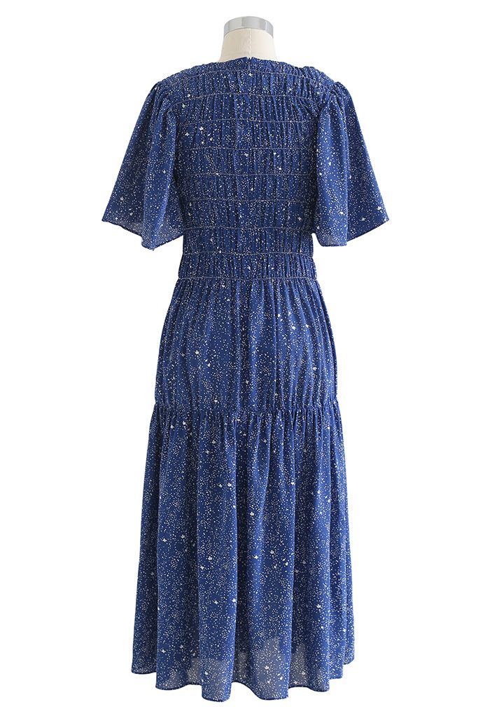 Flare Sleeve Padded Shoulder Printed Midi Dress in Blue - Retro, Indie ...