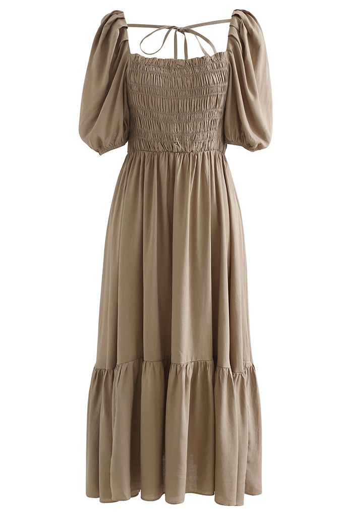 Square Neck Puff Sleeve Shirred Dress in Brown - Retro, Indie and ...
