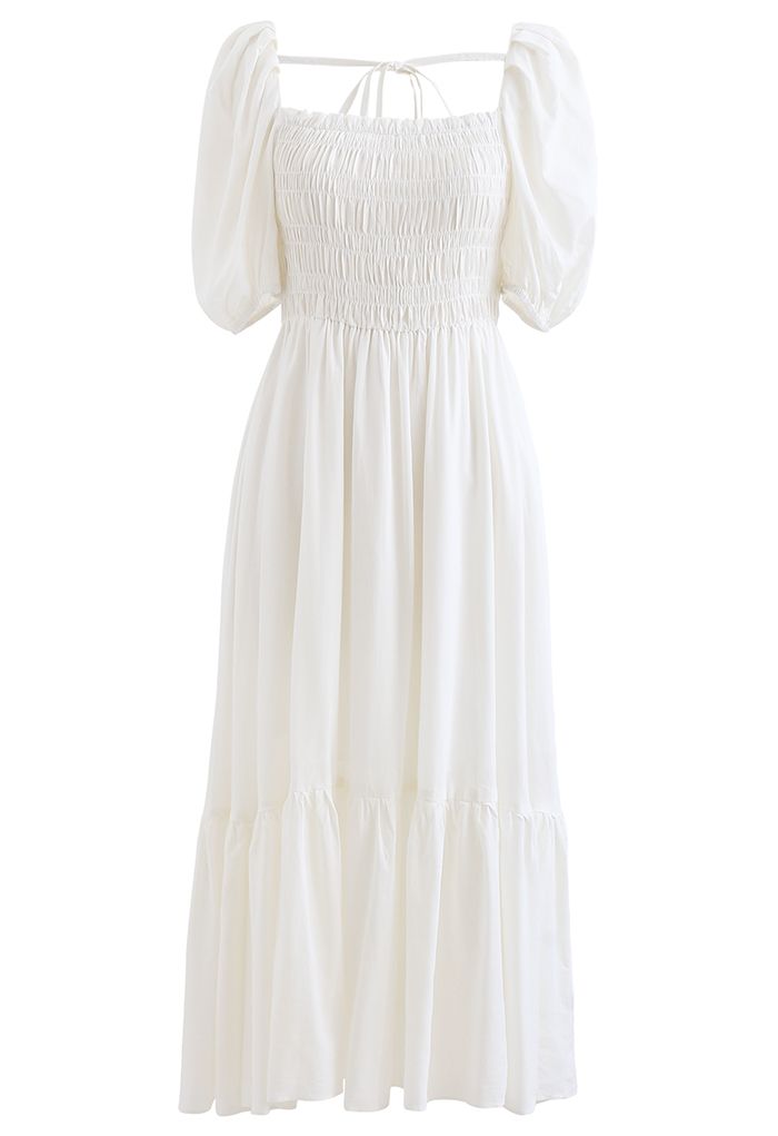 Square Neck Puff Sleeve Shirred Dress in White
