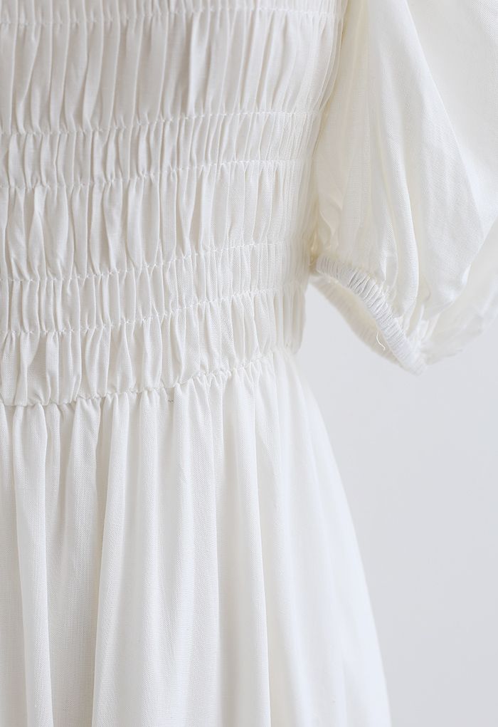Square Neck Puff Sleeve Shirred Dress in White