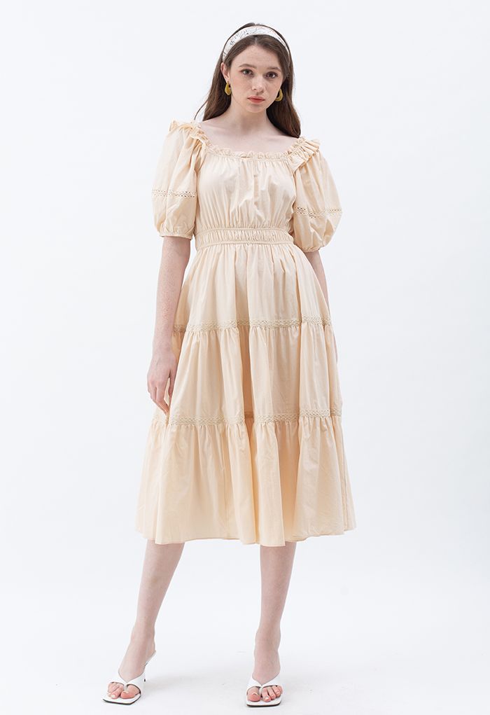 Ruffled Neck Crochet Detail Midi Dress in Cream