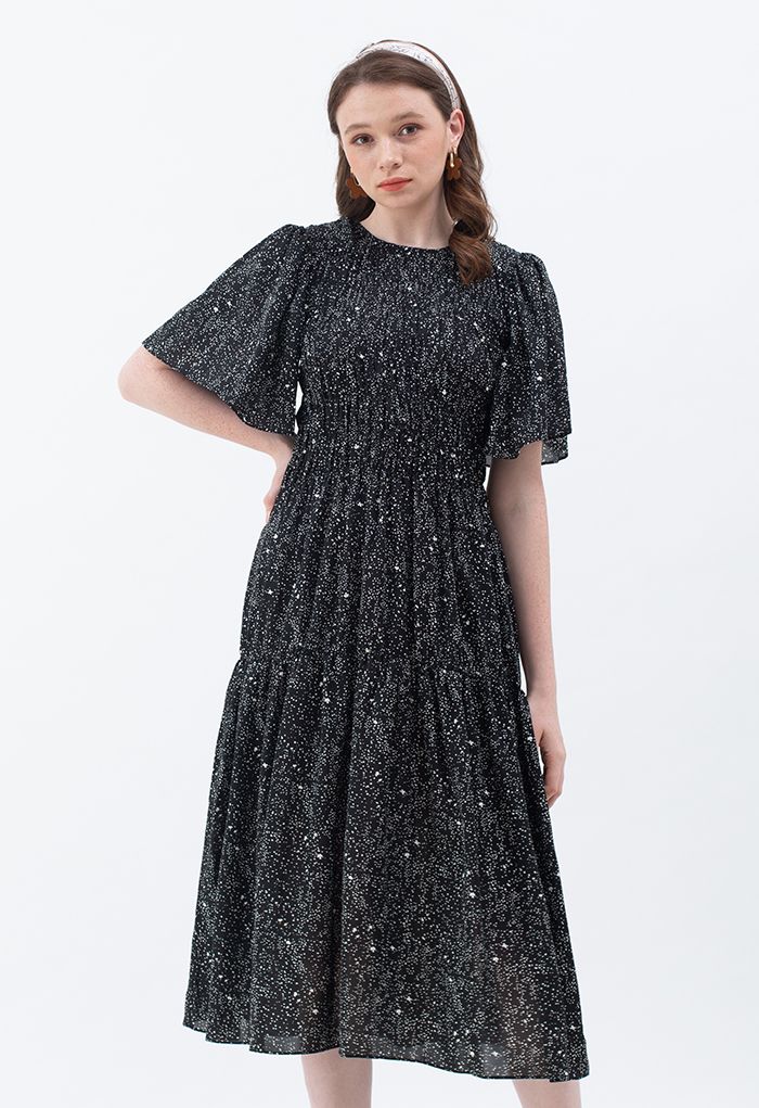 Flare Sleeve Padded Shoulder Printed Midi Dress in Black