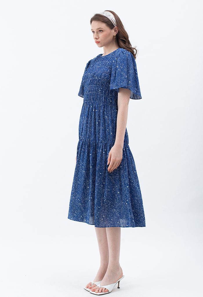 Flare Sleeve Padded Shoulder Printed Midi Dress in Blue