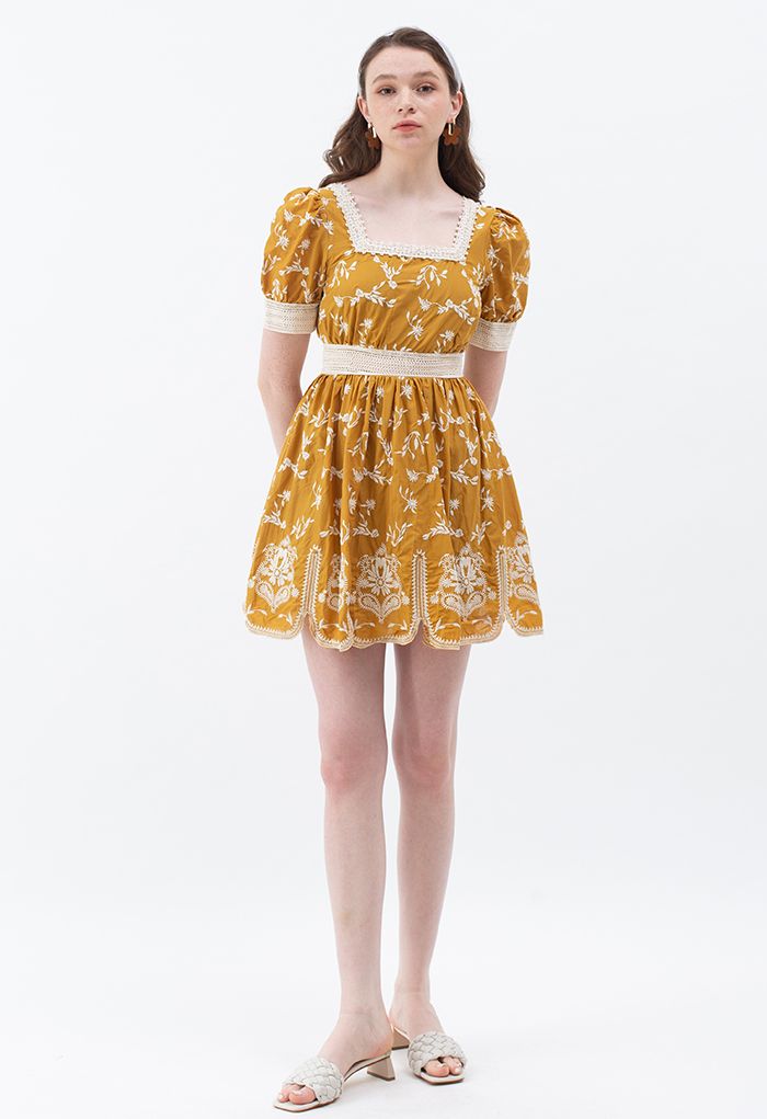 Cutie Daisy Embroidered Square Neck Mini Dress in Mustard