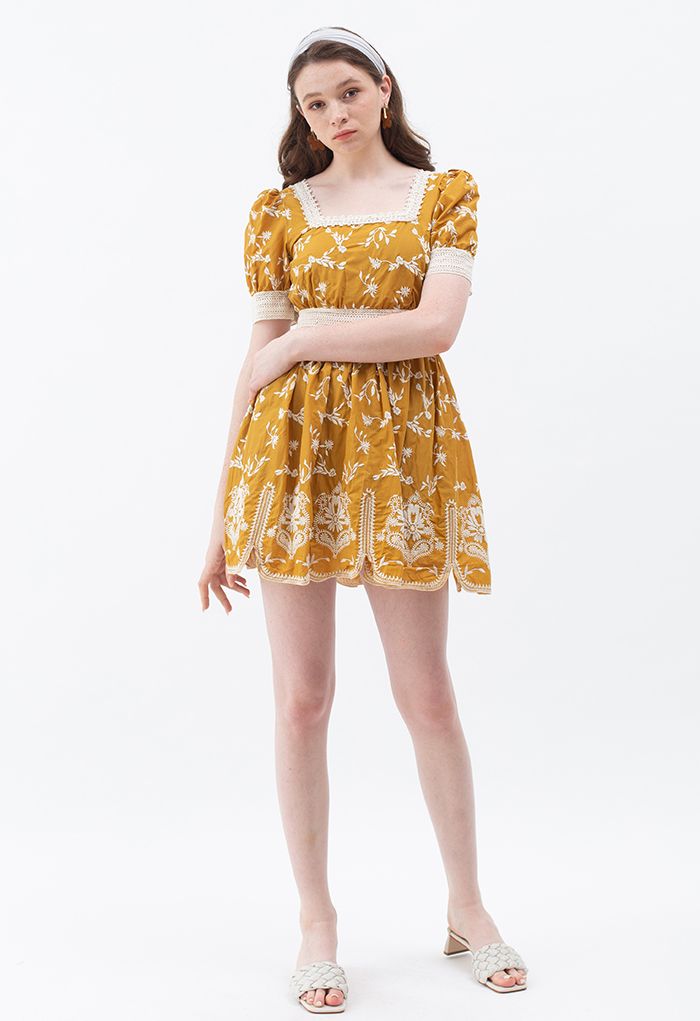 Cutie Daisy Embroidered Square Neck Mini Dress in Mustard