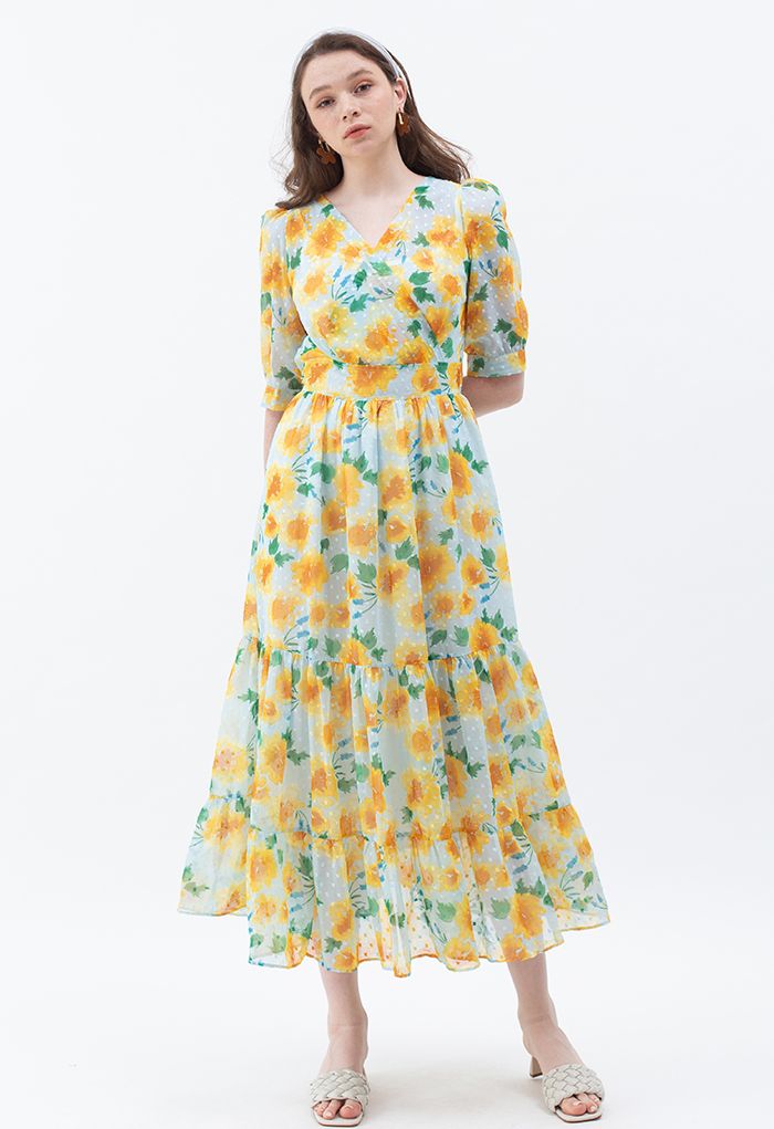 Yellow Flower Flock Dot Frilling Maxi Chiffon Dress