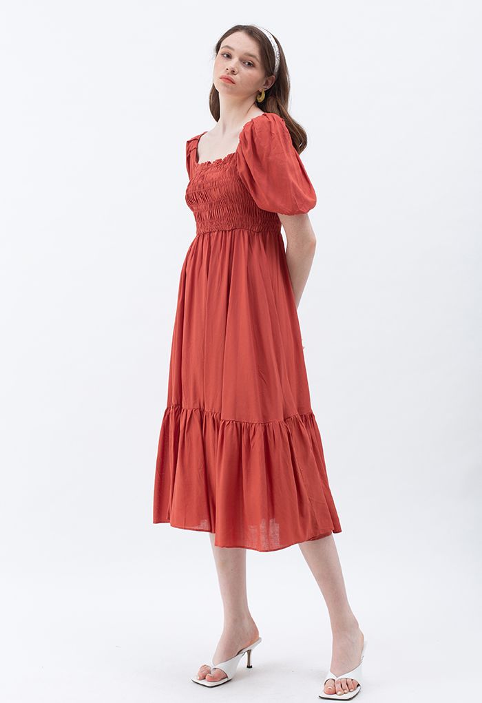 Square Neck Puff Sleeve Shirred Dress in Rust Red