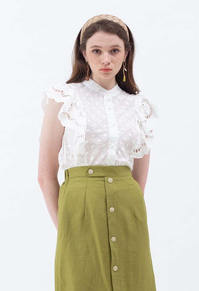 Dots Embroidered Flutter-Sleeve Buttoned Top in White - Retro, Indie ...