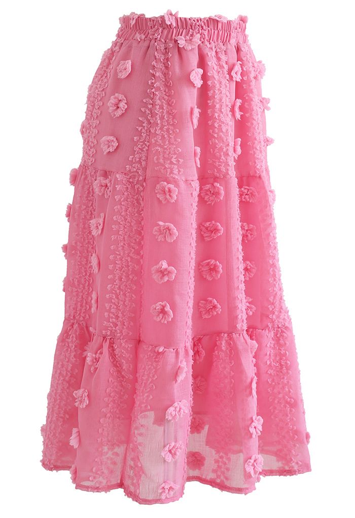 Cotton Flower Frill Hem Mesh Skirt in Pink