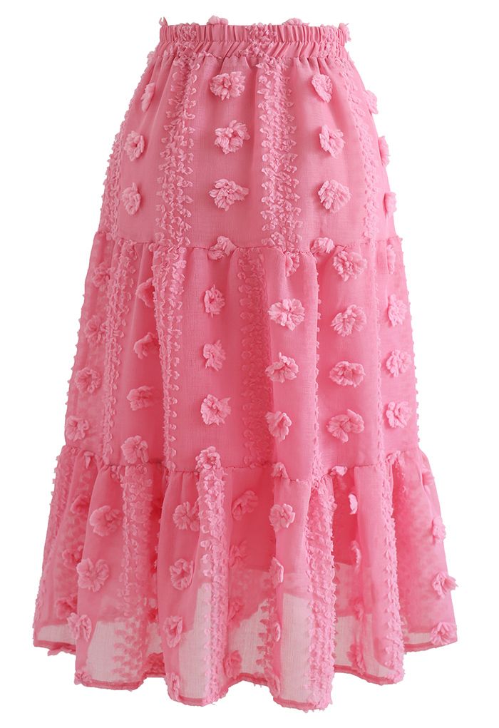 Cotton Flower Frill Hem Mesh Skirt in Pink