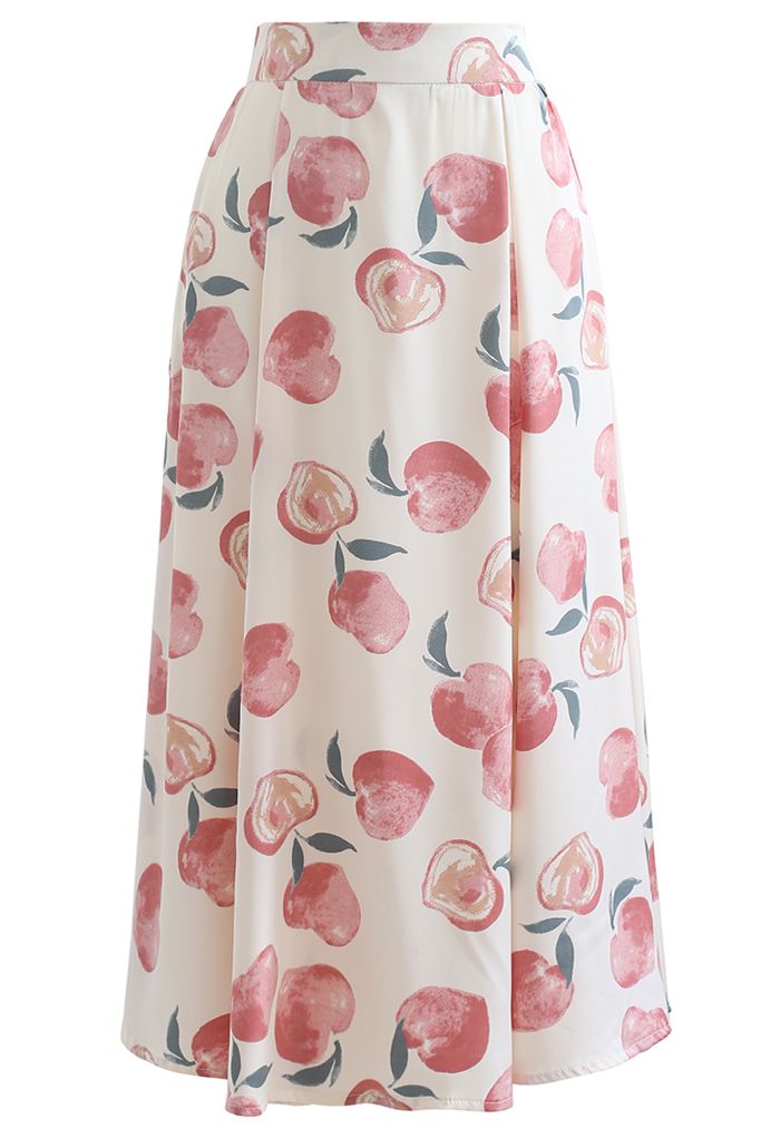 Blushing Peach Print Satin Midi Skirt