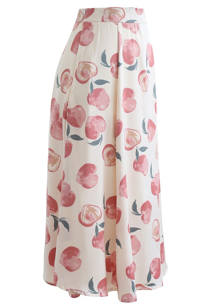 Blushing Peach Print Satin Midi Skirt