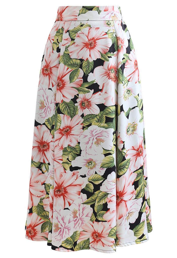 Charming Flower Print Satin Midi Skirt