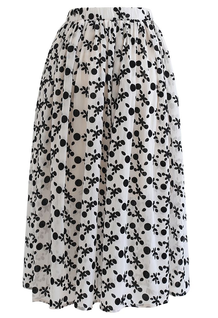 Velvet Floret and Dot Midi Skirt in Ivory - Retro, Indie and Unique Fashion