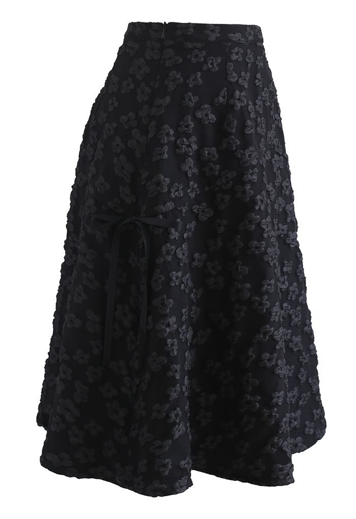 Embossed Flower Bowknot Side Flare Skirt