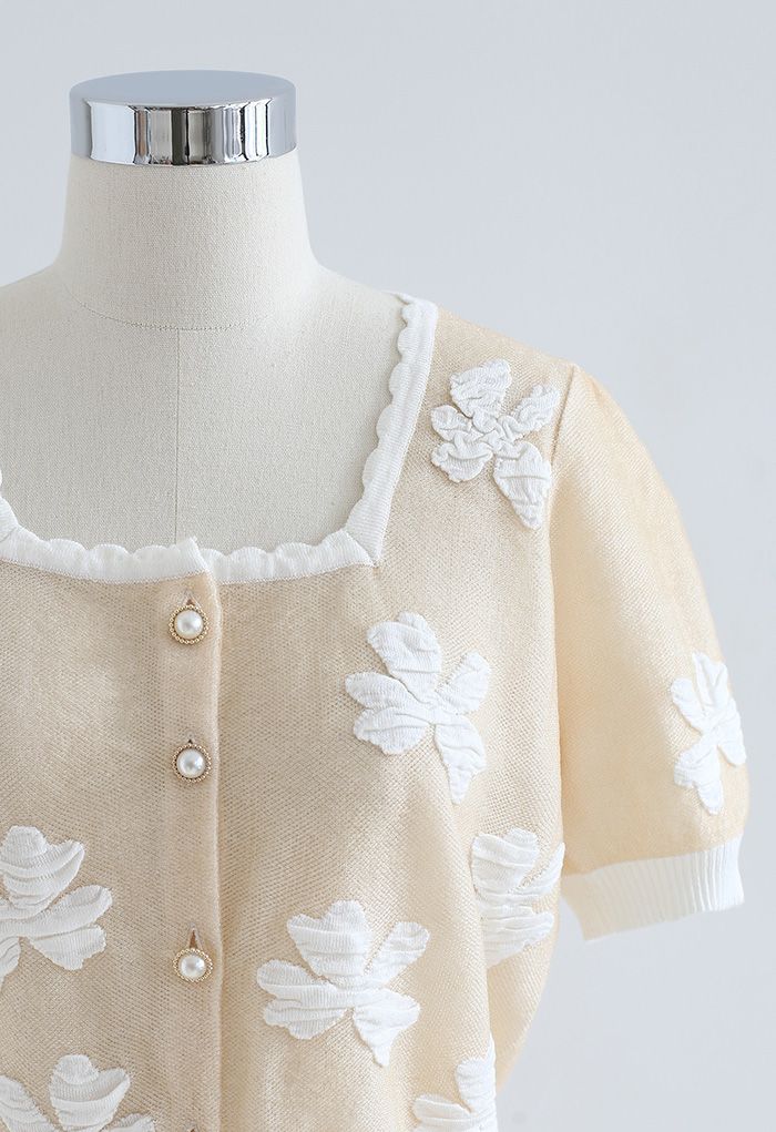 Embossed Butterfly Button Down Knit Cardigan in Cream