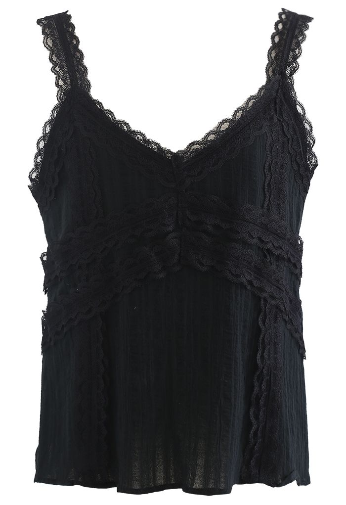 Lacy Cotton Blend Cami Tank Top in Black - Retro, Indie and Unique Fashion