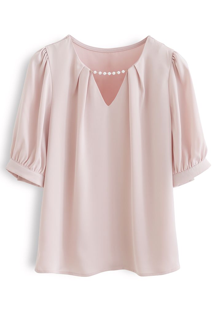 Pearly Neck Satin Shirt in Pink