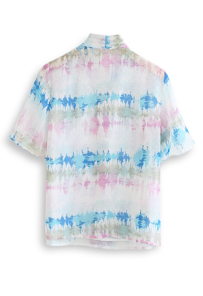 Abstract Print Flock Dots Bowknot Semi-Sheer Shirt in Pink