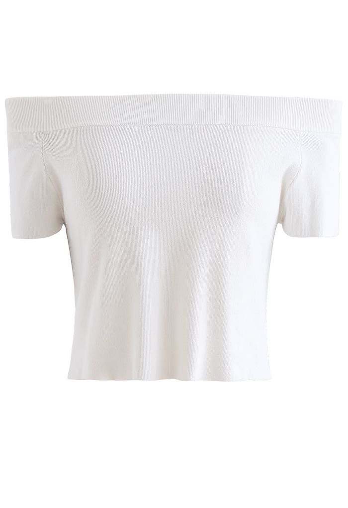 Off-Shoulder Short Sleeve Crop Knit Top in White - Retro, Indie