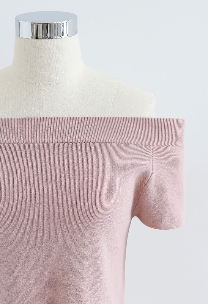 Off-Shoulder Short Sleeve Crop Knit Top in Pink