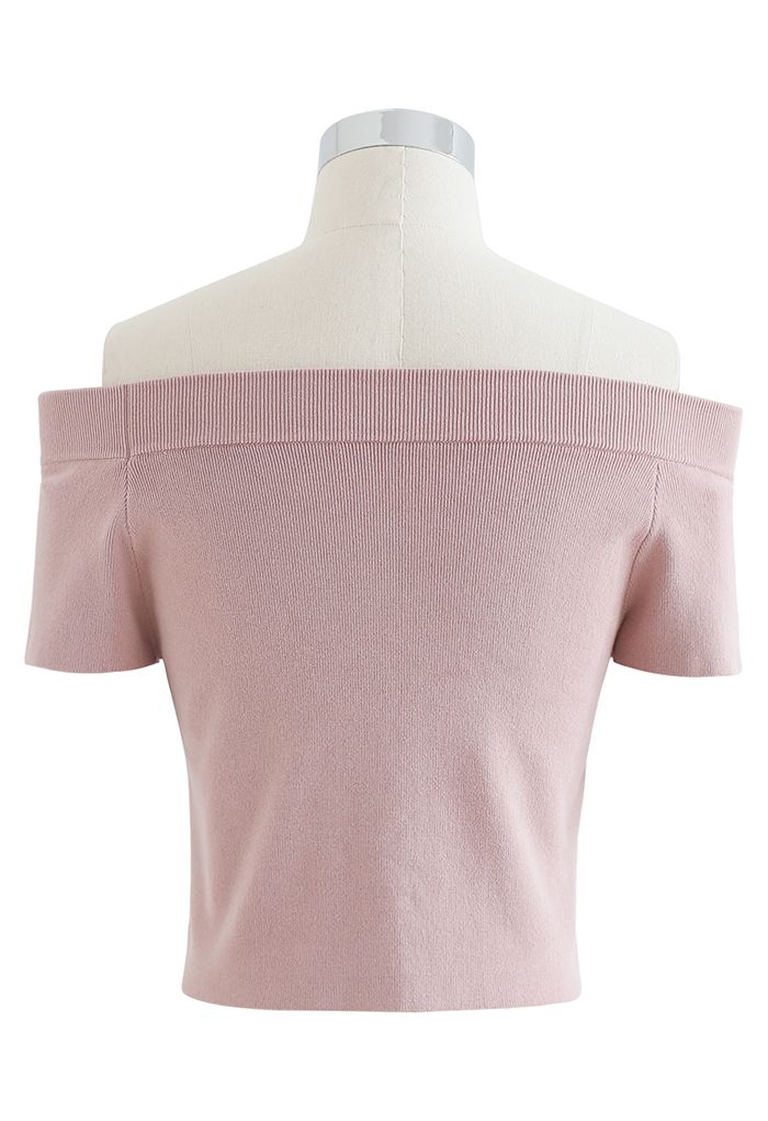 Off-Shoulder Short Sleeve Crop Knit Top in Pink