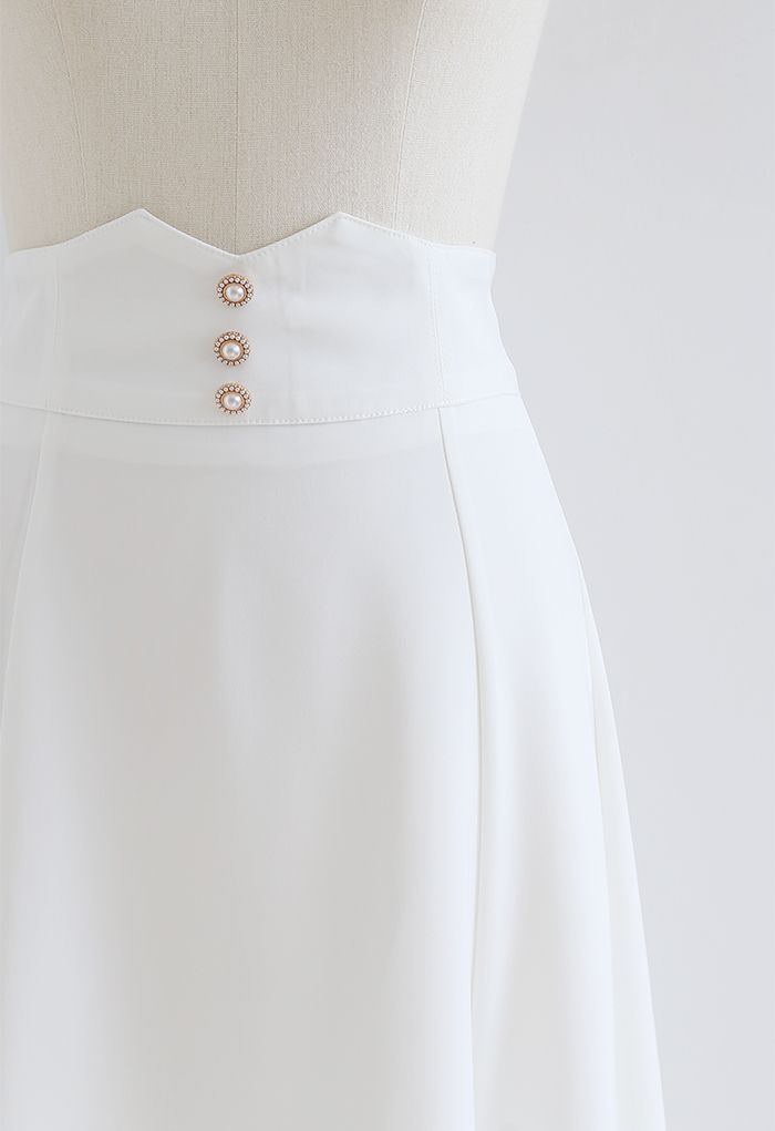 Pearly Waist Seam Detail Flare Midi Skirt in White