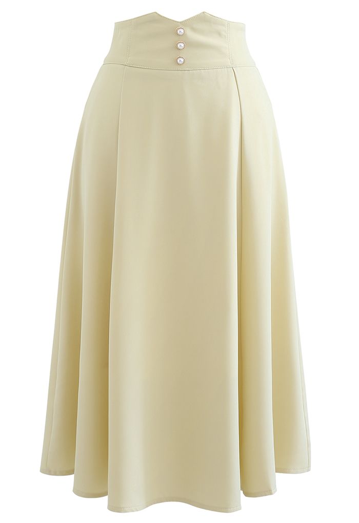 Pearly Waist Detail Flare Midi Skirt in Light Yellow - Retro, and Fashion