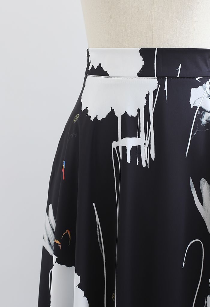Lotus Ink Painting Satin Midi Skirt in Black