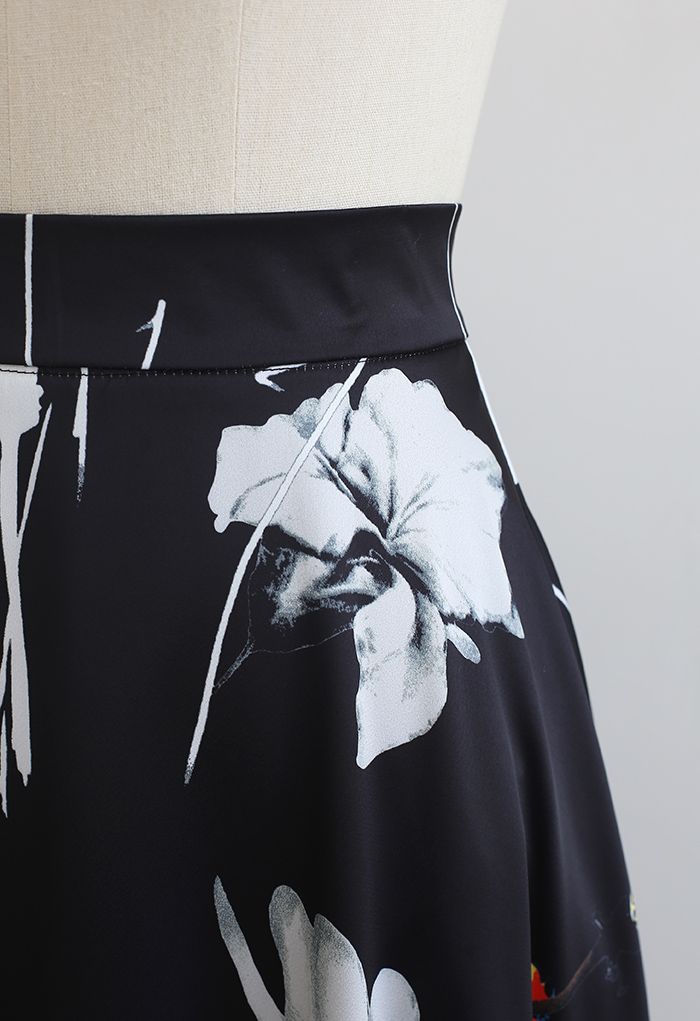 Lotus Ink Painting Satin Midi Skirt in Black