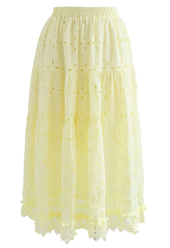 Pom-Pom Hem Embroidered Cotton Midi Skirt in Yellow