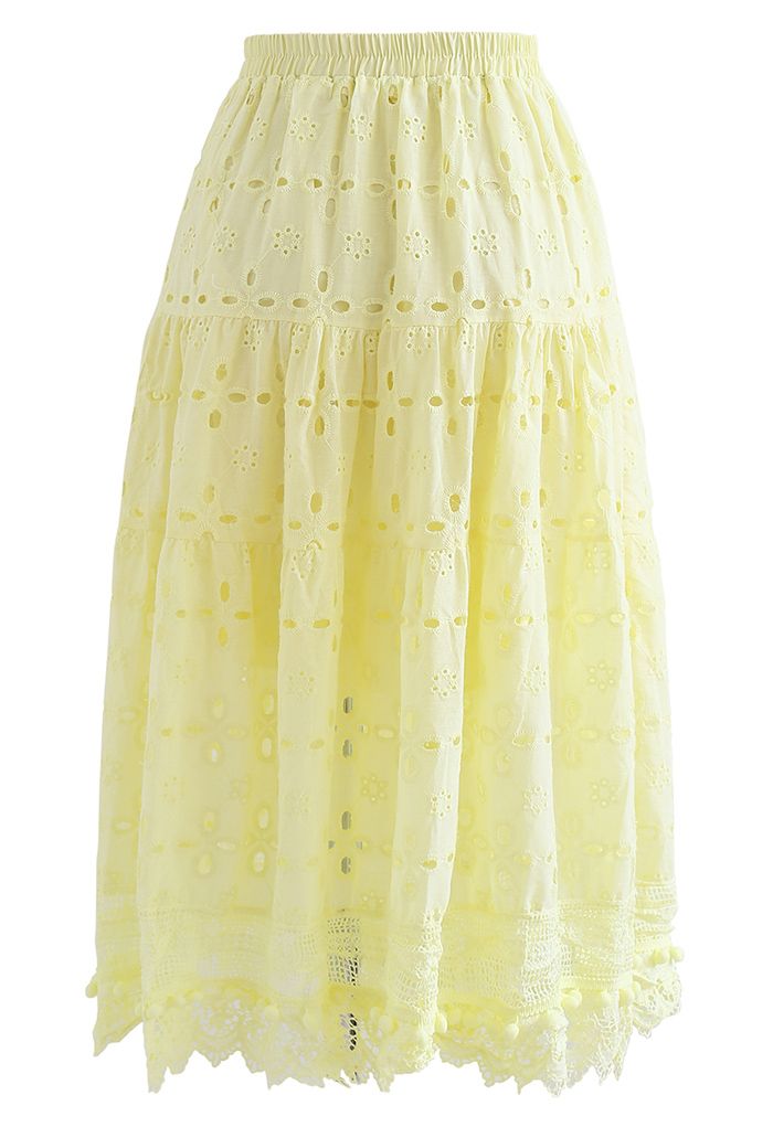 Pom-Pom Hem Embroidered Cotton Midi Skirt in Yellow