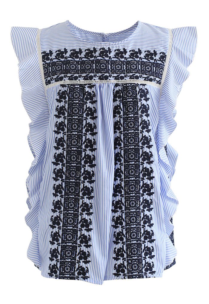Embroidered Floret Striped Sleeveless Top
