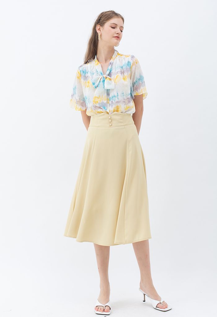 Pearly Waist Detail Flare Midi Skirt in Light Yellow - Retro, and Fashion