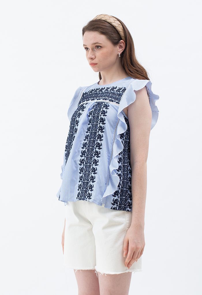 Embroidered Floret Striped Sleeveless Top