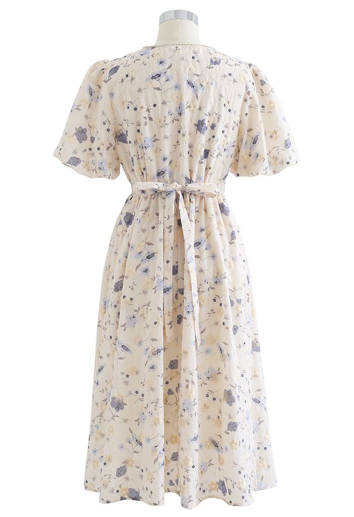 Crystal Edge Bubble Sleeve Embroidered Floral Dress in Blue - Retro ...